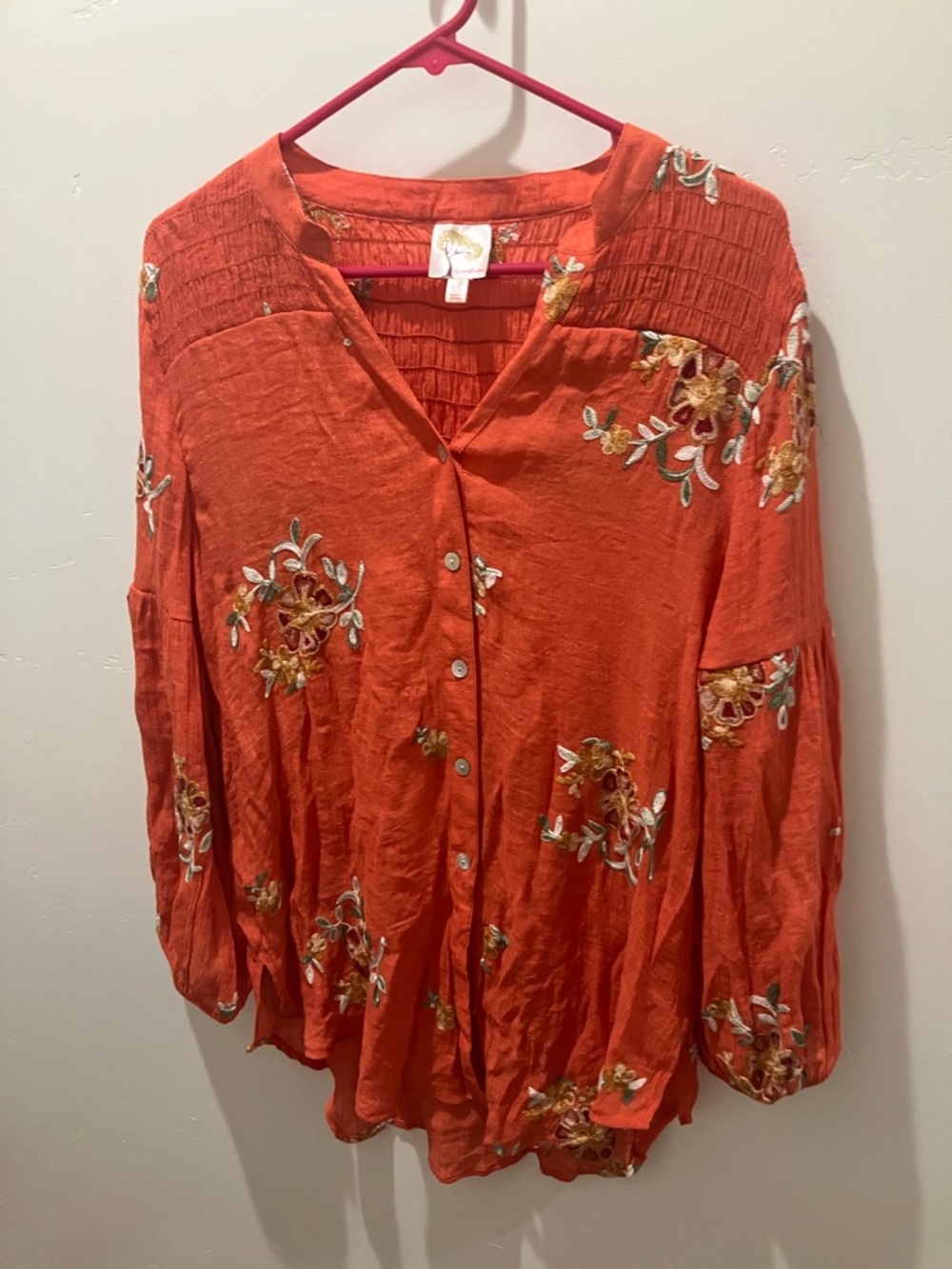 Anthropologie fig and flower Orange Embroidered Button-Front Women's Top